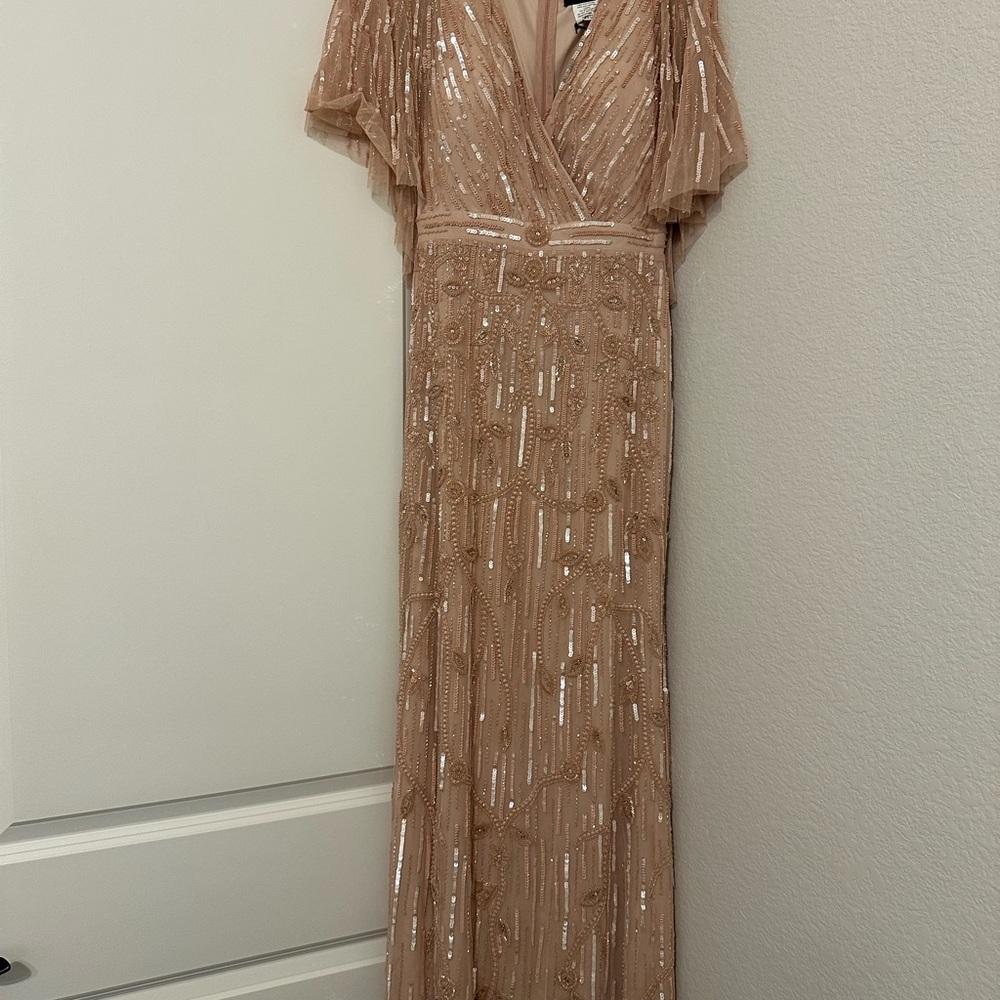 Mac Duggal Sequin Embellished Gown in blush. Beautiful cape back. Size 4